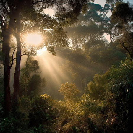 Sunlight, sun rays or light in forest trees for morning peace, woods and ai generated sustainabilityの素材