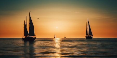 Sailboat, yacht and ocean travel at sunrise for holiday, vacation and ai generated tourism in natureの素材