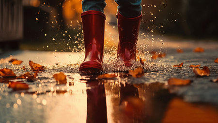 Rain, walking boots and and water splash in autumn street. Ai generated shoes of person in stormの素材