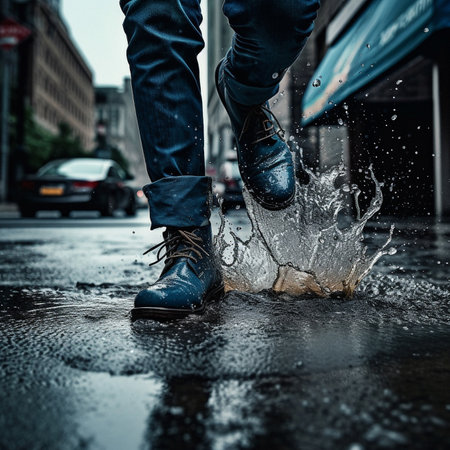 Rain, walking boots and and water splash in city street. Ai generated shoes of person in urban stormの素材