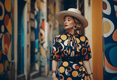 Retro fashion, woman on walk in a city. Ai generated vintage beauty of girl with hat and dressの素材