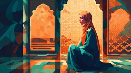 Woman, illustration and profile in mosque for Islamic faith, religion belief for Eid, Ramadan andの素材