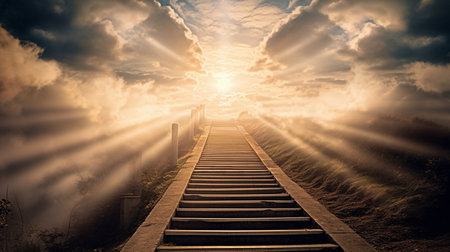 Staircase, steps and way to heaven for God, religion and faith in spiritual passage, architectureの素材