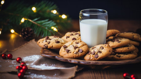 Chocolate chip cookies and glass of milk. Fresh homemade Christmas snack.の素材