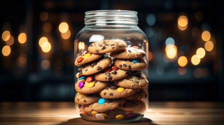 Chocolate chip cookies in glass jar. Fresh homemade sweet snack.の素材