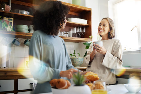 Lesbian, women and couple with marriage, breakfast and romance with conversation, support and...