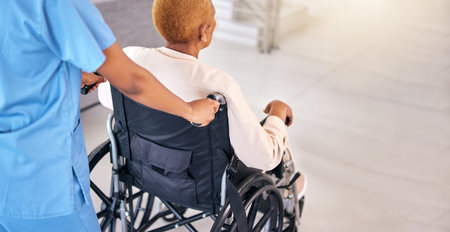 Nurse, senior woman and back with wheelchair, walk and care for rehabilitation, healthcare and...