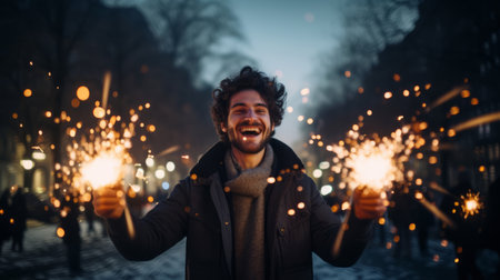 Man holding sparklers. Festive Christmas, New Year, or birthday celebration conceptの素材
