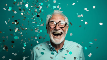 Happy laughing man with falling confetti. Celebration party event, corporate winの素材