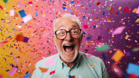 Happy laughing man with falling confetti. Birthday, New Year, fun celebration partyの素材
