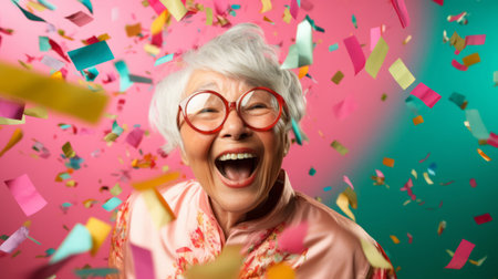 Happy laughing woman with falling confetti. Birthday, New Year, fun celebration partyの素材