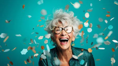 Happy laughing woman with falling confetti. Celebration party event, corporate winの素材