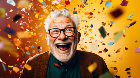 Happy laughing man with falling confetti. Celebration party event, corporate winの素材