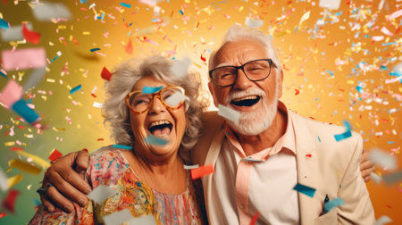 Happy senior couple celebrating birthday and in retirement with confetti and fun.の素材
