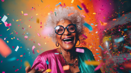 Happy laughing woman with falling confetti. Birthday, New Year, fun celebration partyの素材