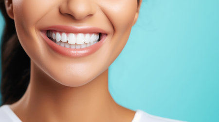 Closeup of woman with a beautiful smile for dental care against a blue backgroundの素材