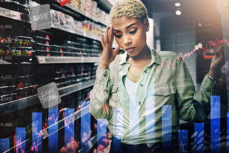 Woman, grocery shopping and inflation stress, price increase and headache for budget risk, fail or crisis by shelf. African customer in convenience store or supermarket, food cost and charts overlayの写真素材