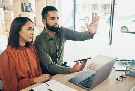 Team, invisible screen and business people on digital ui, futuristic and phone in startup office. Hands, man and woman press virtual touchscreen at desk on ux tech online, click app and collaborationの写真素材
