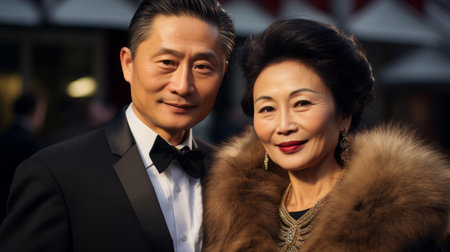 Couple of stars on celebrity red carpet. Festive award ceremony eventの素材