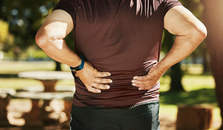 Sports man, park and back pain from fitness training injury or running workout accident outdoors. Active person, hurt spine muscle or injured male athlete with an exercise emergency on in natureの写真素材