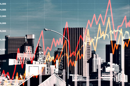 City background, graphs or overlay with trading, fintech or stocks with investment with profit. Town, buildings or inflation with money, investment or trading with finance, economy and corporate dealの写真素材