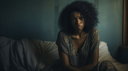 Depressed woman in dark bedroom at home. Concept for mental health awarenessの素材