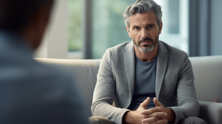 Thinking psychologist, therapy and man in consultation for mental healthの素材