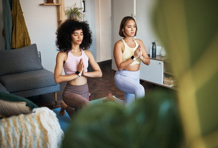 Friends, yoga and zen at home, meditate and peaceful for bonding and support. Calm people, wellness...