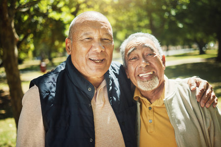 Portrait, smile and elderly friends at park outdoor, bonding for support together and care. Face,...
