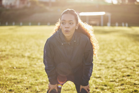 Sports woman, breathing and outdoor fitness workout training, health or cardio exercise motivation....