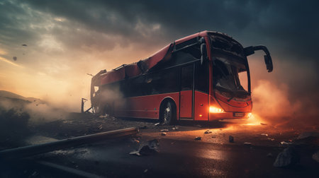 Bus crash road accident. Emergency insurance transport damage reportの素材
