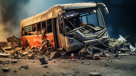 Bus crash road accident. Emergency insurance transport damage reportの素材