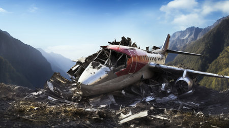 Dramatic plane crash on mountain. Airplane emergency accident concept.の素材