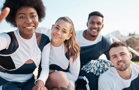 Cheerleader, sports and selfie portrait of people for performance, dance and smile for game....