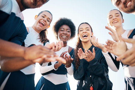 Cheerleader team portrait, applause or people excited for sports competition win, achievement or...