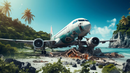 Dramatic plane crash on an island. Airplane emergency accident concept.の素材