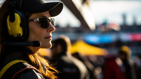 Motor race track supervisor with headphones. Professional safety information managerの素材