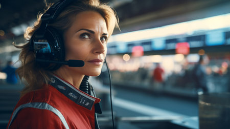 Motor race track supervisor with headphones. Professional safety information managerの素材