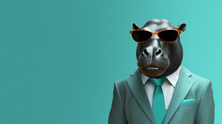Hippo wearing glasses and suit for office style or business against a teal backgroundの素材