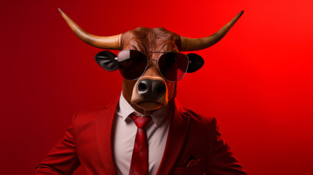Bull wearing glasses and suit for office style or business against a red backgroundの素材