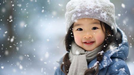 Portrait of an Asian toddler girl enjoying the winter snow during the Christmas seasonの素材