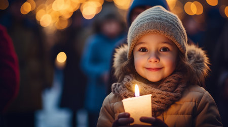 Toddler at a Christmas market, holding a candle, colorful lights and Christmas Holidaysの素材