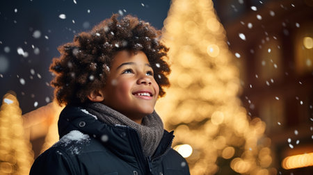Boy at a Christmas market, christmas lights, winter snow white Christmas Holidaysの素材