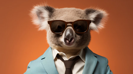 Koala wearing glasses and suit for office style or business against an orange backgroundの素材