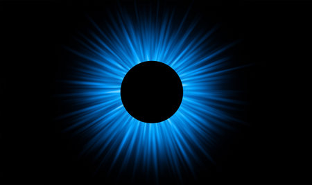 Blue, circle and light ray on black background with pattern, texture and digital star on cyber icon. Neon lighting, future technology and sun for virtual logo, sign and space mockup on dark wallpaperの写真素材