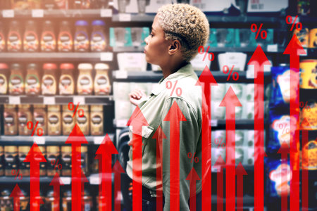 Inflation chart, double exposure and woman thinking in grocery store, budget and decision for...