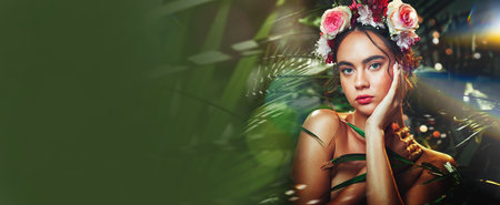 Beauty, banner and makeup with woman in nature background, mockup or creative advertising in rose. Spring marketing, skincare and flower designer with cosmetics, spa aesthetic and sustainabilityの写真素材