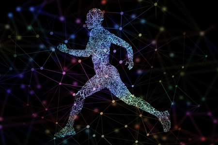 Graphics, illustration of man running and digital transformation, sports science and color on dark background. Technology abstract, fitness progress and cardio with geometric pattern, body and designの写真素材