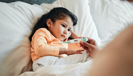 Girl child, thermometer for fever and sick in bed, health and wellness, parent monitor temperature...