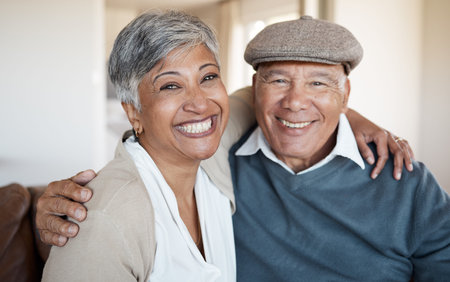 Portrait, hug and senior couple with love, home and marriage with bonding, relationship and romance....
